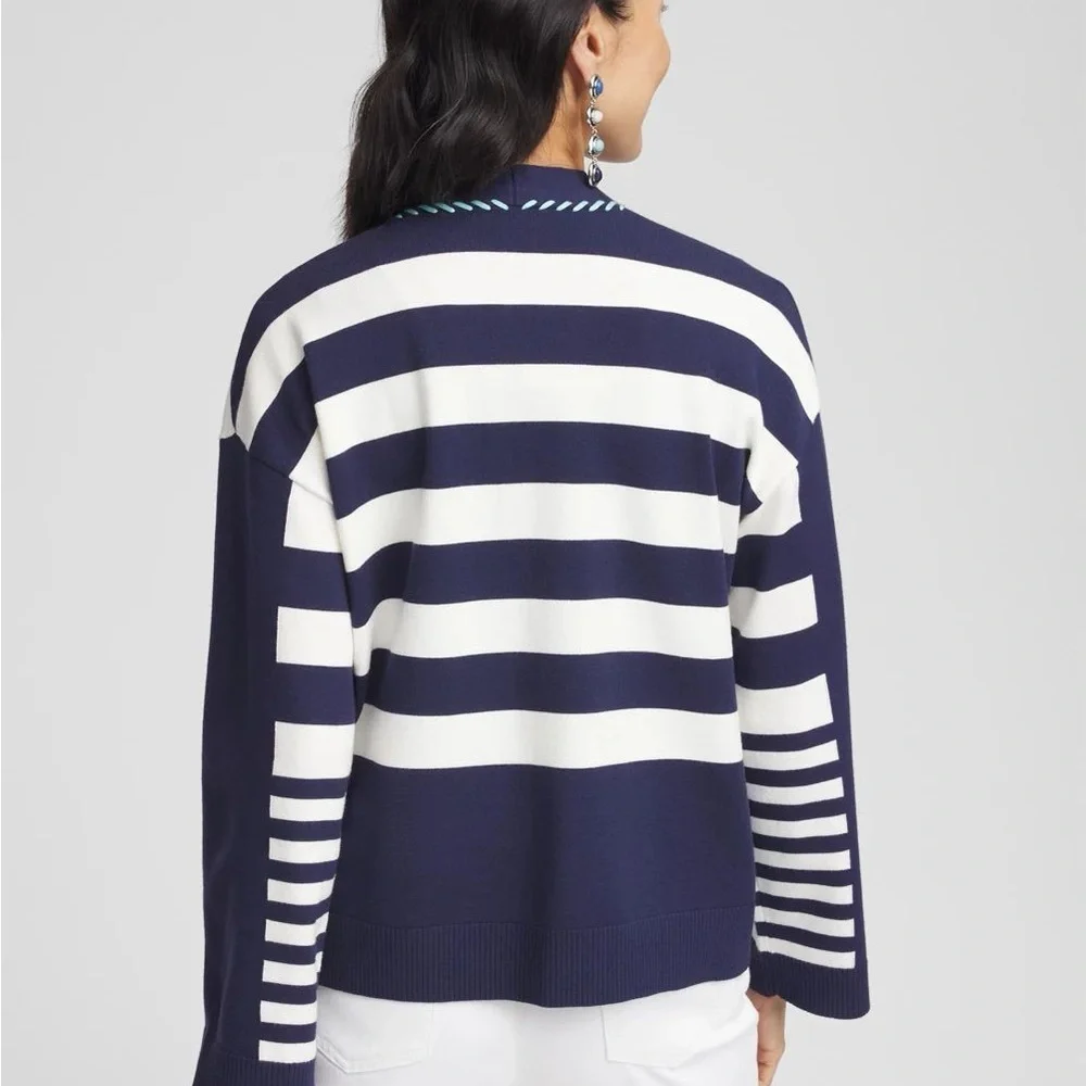 Chico's Striped Cardigan Passport Blue Size 2(Large) - Picture 3 of 6